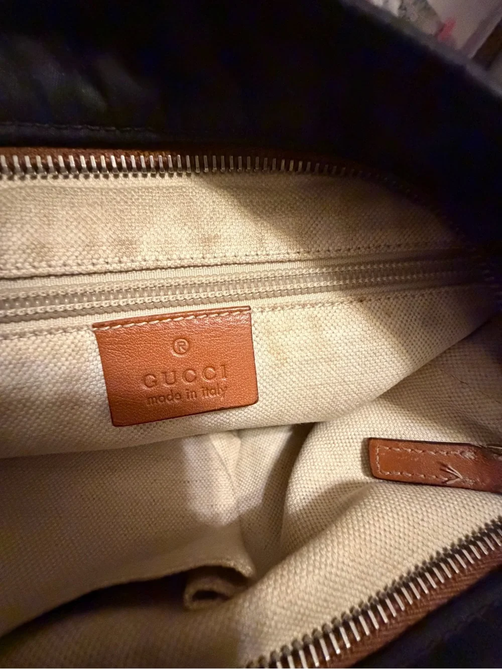 Gucci Black Monogram Messenger Bag with Brown Leather Strap